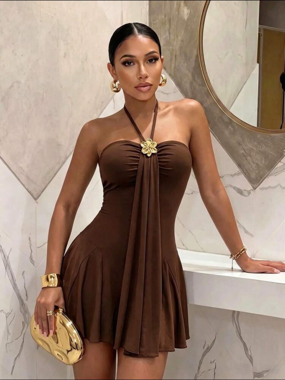 Strapless Brown Halter Mini Dress with Floral Accent